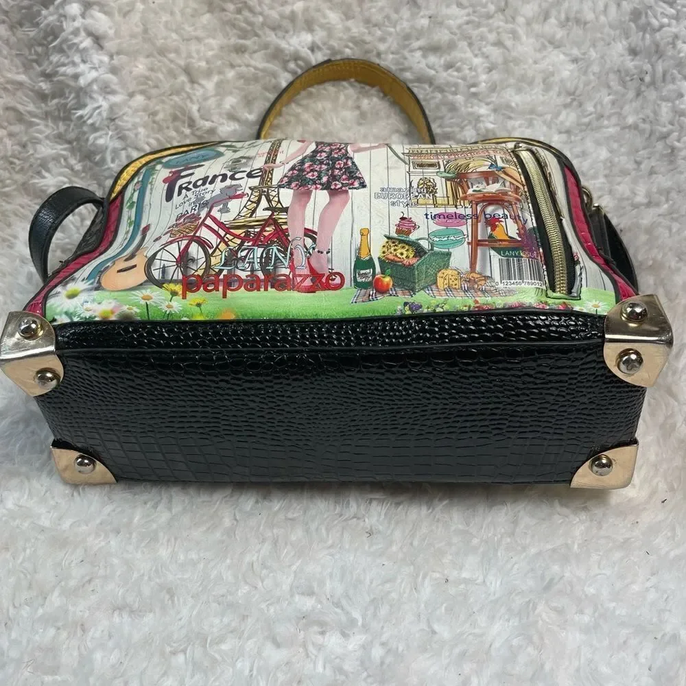 Kanu vintage multi color satchel/ shoulder bag gold tone and rhinestone accents